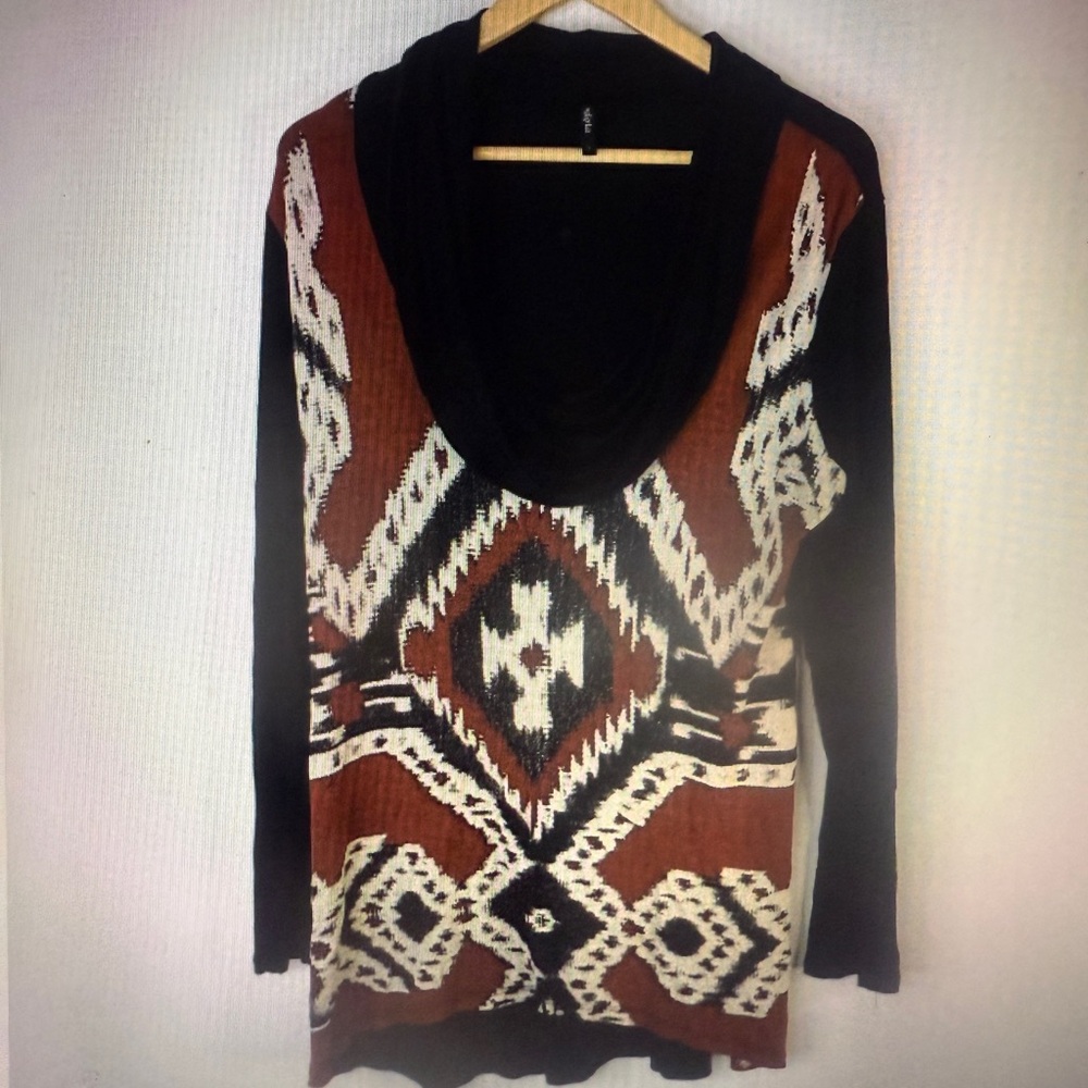 Edista Women Cowl Neck Long Sleeve Tribal Print Hi Low Top Size L